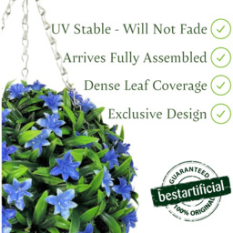 Best Artificial 28cm Blue Lily Hanging Basket Flower Topiary Ball - Blue - thumbnail 3