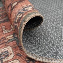 Terracotta Distressed Bordered Medallion Persian Non Slip Washable Area Rug - Terracotta / 150 x 80cm - thumbnail 5