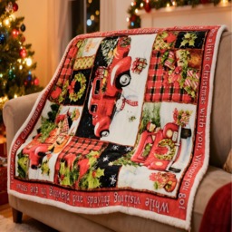 Christmas Patchwork Fleece Blanket Large Flannel Throw - Red - thumbnail 2