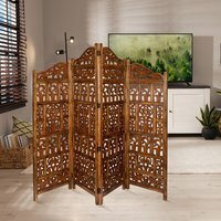 4 Panel Heavy Carved Wooden Room Divider Screen Gamla - Brown / Light Brown