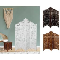 4 Panel Heavy Carved Wooden Room Divider Screen Gamla - Brown / Light Brown - thumbnail 4