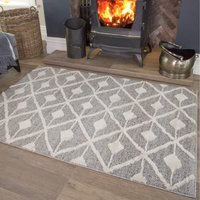 Grey White Diamond Geometric Soft Scandi Shaggy Area Rug - Grey / 170 x 120cm