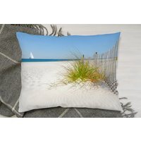 Beautiful Sand Dune Fence By Sea Grass With Sailboat On Horizon Cushion - Blue - thumbnail 1