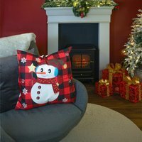 Christmas Themed Cushion Red checkered With Snowman - Red/Black