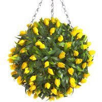 Best Artificial Outdoor 28cm Yellow Tulip Hanging Basket Flower Topiary Ball - Yellow - image 1