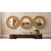 3x Round Gold Beaded Wall Mirror Plastic Frame 25Cm - Golden