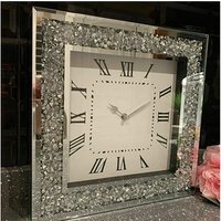 Crushed Diamond Silver Square Wall Clock With Roman Numbers - Silver