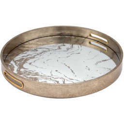 Round Marbled Mirror Tray with Gold Handles - Champagne - thumbnail 2
