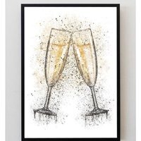 Champagne Cheers Glasses Splatter Print - Yellow / A3