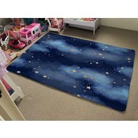 Dark Blue Sky With Gold Foil Constellations Designer Rug - Blue / 110cm - thumbnail 1