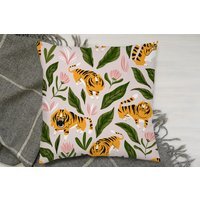 Cute Tigers And Tropical Leaves And Flowers Cushion - Yellow / 60 - thumbnail 1