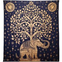 Double Cotton Bedspread  Wall Hanging - Elephant  Tree, Blue Gold - Blue