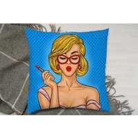 Pop Art Illustration Woman Paints Her Lips Cushion - Blue / 60 - image 1