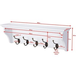 Richmond White Wooden Wall Mounted Coat Rack with 5 Hooks and Shelf - White - thumbnail 2