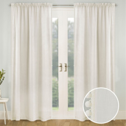 Pair of Slot Top Sheer Voile Panels with Pom-Pom Trim - Cream / 137cm - thumbnail 2