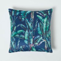 Navy Tropical Banana Leaf Velvet Cushion 46 x 46 cm - Navy