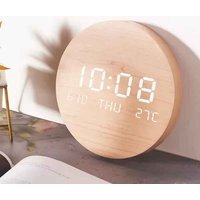LED Digital Wall Clock with Temp and Date Display - brown