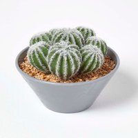 Homescapes Artificial Barrel Cactus Arrangement in Round Grey Pot, 17 cm Tall - Green