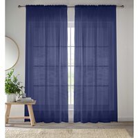 Pair of Slot Top Sheer Plain Woven Voile Curtain Panels - Navy / 122cm - image 1