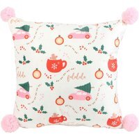 Square Sugarplum Christmas Cushion with Pom Poms Festive Home Decor - White - image 1