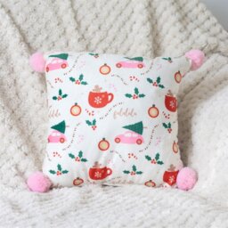 Square Sugarplum Christmas Cushion with Pom Poms Festive Home Decor - White - thumbnail 3