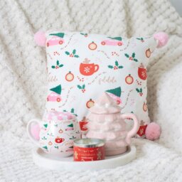 Square Sugarplum Christmas Cushion with Pom Poms Festive Home Decor - White - thumbnail 5