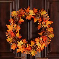 LED Autumn Wreath with Maple Leaves, Pine Cones, Pumpkins - Orange / 60cm - image 1