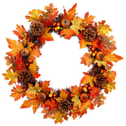 LED Autumn Wreath with Maple Leaves, Pine Cones, Pumpkins - Orange / 60cm - thumbnail 2