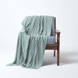 Homescapes Cotton Cable Knit Throw - Duck Egg Blue / 200cm - thumbnail 3