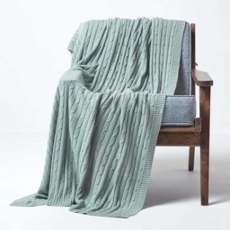 Homescapes Cotton Cable Knit Throw - Duck Egg Blue / 200cm - thumbnail 2