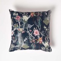 Floral Peacock Black Teal Filled Velvet Cushion - Black
