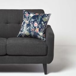 Floral Peacock Black Teal Filled Velvet Cushion - Black - thumbnail 2
