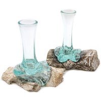 Molten Glass Whitewash Wood Vase Small Hand Blown Decor - Turquoise - thumbnail 1