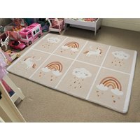 Cute Hand Drawn Unicorn, Rainbow And Cloud Designer Rug - Brown / 110cm - thumbnail 1