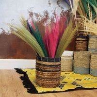 Set of 6 Handcrafted Pampas Broom Coasters in Jute  Cotton Basket - Natural