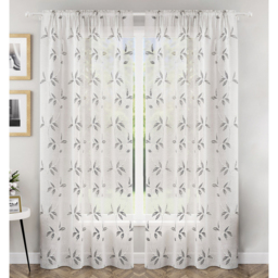 Pair of Oasis Grey Leaf Embroidery Sheer Voile Panels - Grey / 122cm - thumbnail 2