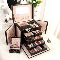 Lockable 5 Tiers Faux Leather Jewellery Storage Box - Black