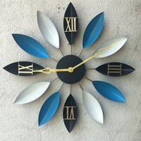 Leaf-Shaped Silent Wall Clock - Black Blue White - thumbnail 1