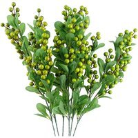 Pack of 6 Green Berry Stems with Plastic Leaves - Green