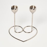 Dual Brass Heart Dinner Candle Holder  Polished Silver - Silver