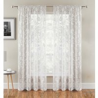 Pair of Slot Top Sheer Linen Look Voile Curtain Panels with Floral Print - White / 137cm - thumbnail 1