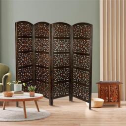 4 Panel Heavy Carved Wooden Room Divider Screen Gamla - White / White - thumbnail 3