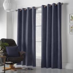 Velvet Chenille Eyelet Ring Top Curtains - Navy / 229cm - thumbnail 3
