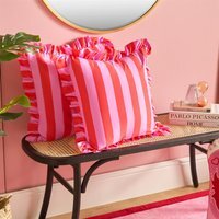 OHS Striped Frill Cushion Covers - Red/Pink / Machine washable at 30°C. Tumble dry friendly. Do not bleach or iron.