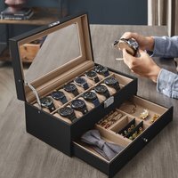 SONGMICS 12-Slot Watch Box with Drawer and Glass Lid - Black