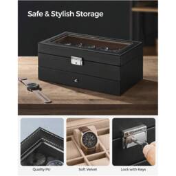 SONGMICS 12-Slot Watch Box with Drawer and Glass Lid - Black - thumbnail 3