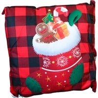 Christmas Themed Cushion Red Checkered With Stocking - Red/Black