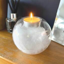White Feather Filled Glass  Tea Light Holder - Clear - thumbnail 5