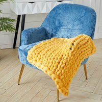 Home Wool Chunky Hand-Woven Blanket Throw - Yellow - image 1