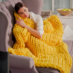 Home Wool Chunky Hand-Woven Blanket Throw - Yellow - thumbnail 4